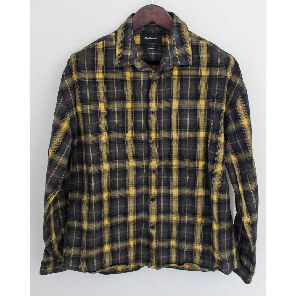 The Kooples Flannel Shirt Mens Size 2 Black Yellow Plaid Oversized Long Sleeve